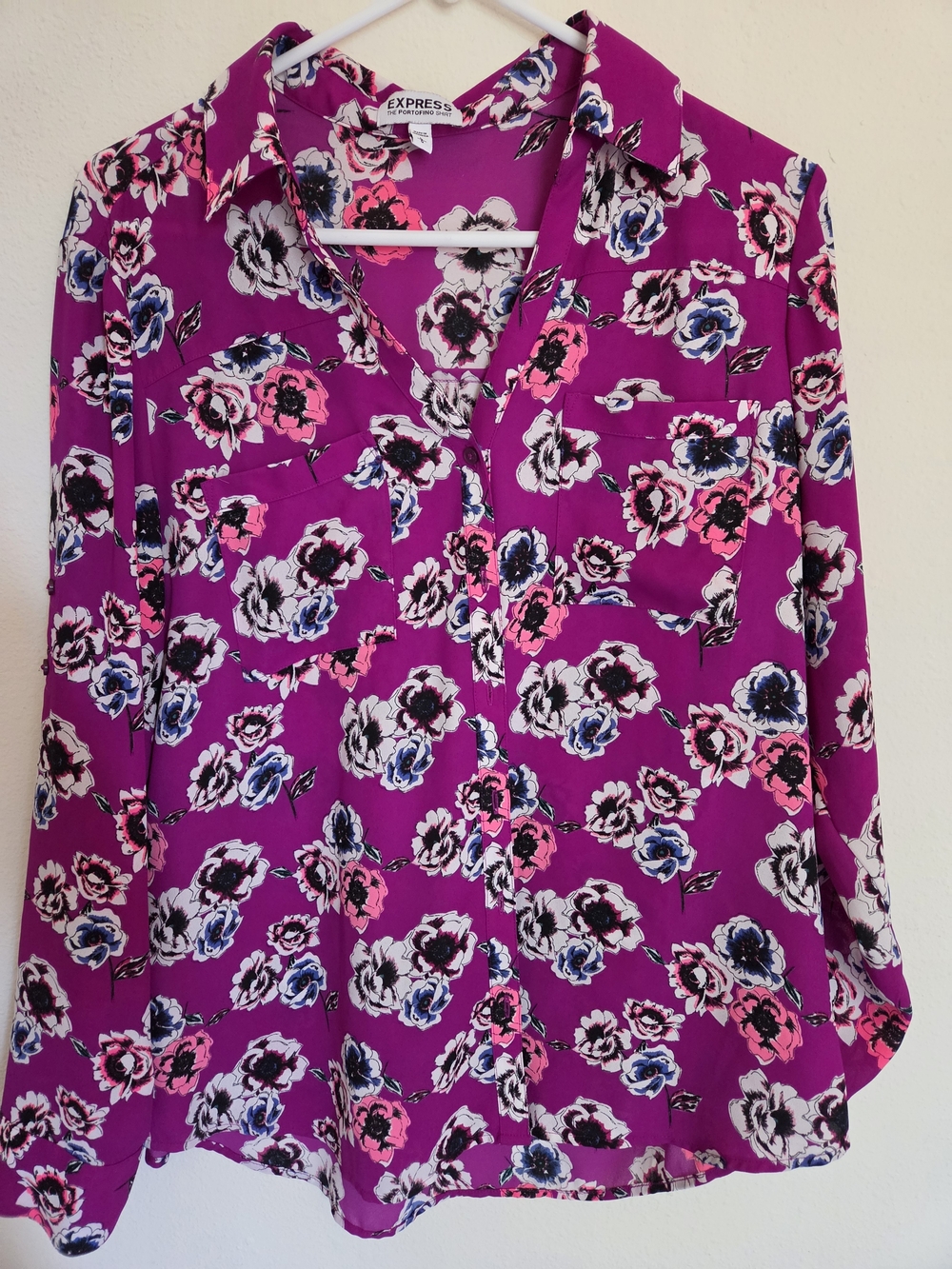 Express Fuchsia Pink Floral Button-Down Blouse